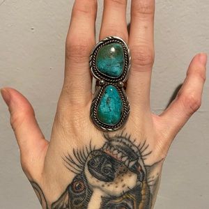 Vintage Native American double turquoise sterling silver ring size 7